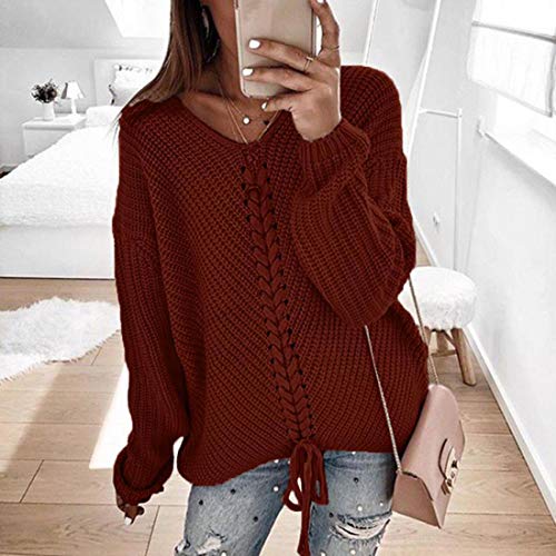 Elegant Womens Oversized Pullover Sweaters Plus Size Cable Knit V Neck Lace Up Long Sleeve Fall Blouse Tops (L,Wine Red)