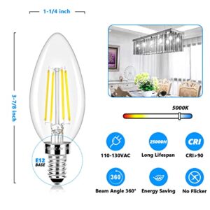 LED Candle Bulbs 40W Equivalent, E12 Candelabra Light Bulbs 4W 470Lm Clear Edison LED Bulbs, Daylight White 5000K Classic Bright Filament Bulbs, Non-Dimmable Decorative Bulbs for Lamps, Pack of 5