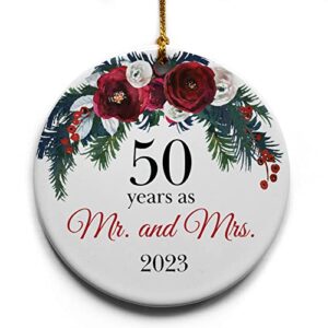 50 years as mr. and mrs. ceramic christmas tree ornament collectible holiday keepsake 2.875" round ornament in decorative gift box with bow- perfect 50th wedding