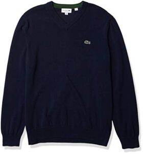 lacoste men's long sleeve regular fit v-neck organic cotton sweater, navy blue, x-large