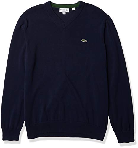 Lacoste Men's Long Sleeve Regular Fit V-Neck Organic Cotton Sweater, Navy Blue, X-Large