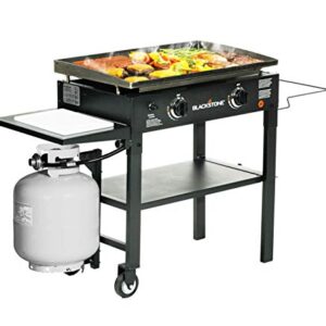Blackstone 1853 Flat Top Gas Grill 2 Burner Propane Fuelled Rear Grease Management System 28” Outdoor Griddle Station for Camping with Built in Cutting Board and Garbage Holder, 28 Inch, Black