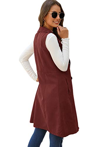 SheIn Women's Double Breasted Long Vest Jacket Casual Sleeveless Pocket Outerwear Longline Burgundy X-Large