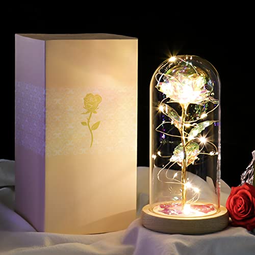 Beferr Gifts for Women, Birthday Gifts Galaxy Glass Rose Crystal Flower Gift Light Up Rose in Glass Dome, Colorful Rainbow Artificial Flower Rose Gifts for Her Mom Grandma Sister Wife Friends