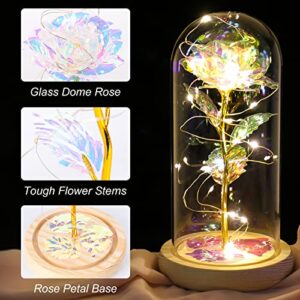 Beferr Gifts for Women, Birthday Gifts Galaxy Glass Rose Crystal Flower Gift Light Up Rose in Glass Dome, Colorful Rainbow Artificial Flower Rose Gifts for Her Mom Grandma Sister Wife Friends