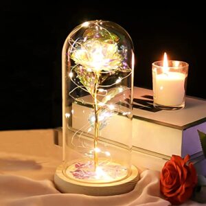 Beferr Gifts for Women, Birthday Gifts Galaxy Glass Rose Crystal Flower Gift Light Up Rose in Glass Dome, Colorful Rainbow Artificial Flower Rose Gifts for Her Mom Grandma Sister Wife Friends