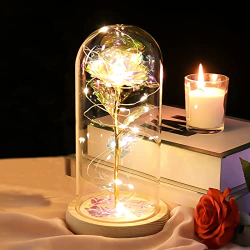 Beferr Gifts for Women, Birthday Gifts Galaxy Glass Rose Crystal Flower Gift Light Up Rose in Glass Dome, Colorful Rainbow Artificial Flower Rose Gifts for Her Mom Grandma Sister Wife Friends