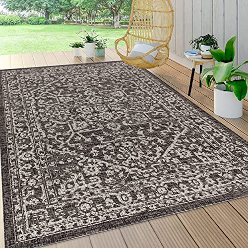 JONATHAN Y SMB104C-4 Malta Bohemian Medallion Textured Weave Indoor Outdoor Area Rug, Coastal, Traditional, Transitional Easy Cleaning,Bedroom,Kitchen,Backyard,Patio,Non Shedding, Black/Gray, 4 X 6