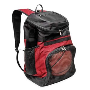 xelfly basketball backpack with ball compartment – sports equipment bag for soccer ball, volleyball, gym, outdoor, travel, team – 2 bottle pockets, includes laundry or shoe bag – 25l (red)