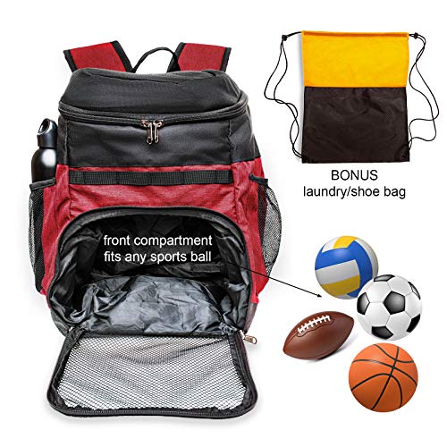 Xelfly Basketball Backpack with Ball Compartment – Sports Equipment Bag for Soccer Ball, Volleyball, Gym, Outdoor, Travel, Team – 2 Bottle Pockets, Includes Laundry or Shoe Bag – 25L (Red)