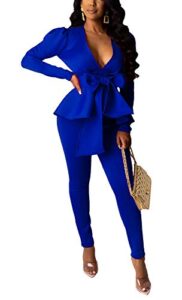 2 piece blazer suit for women sexy long sleeve deep v neck bow tie ruffle hem peplum blazer jacket with bodycon long pants set work office party club outfits blue, large