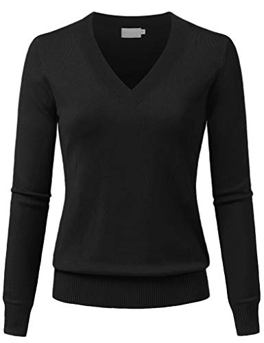 JSCEND Women's V-Neck Long Sleeve Solid Basic Soft Stretch Pullover Knit Sweater Black L