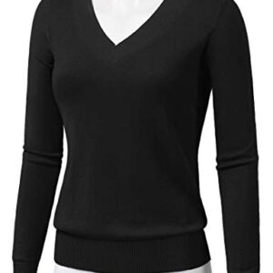 JSCEND Women's V-Neck Long Sleeve Solid Basic Soft Stretch Pullover Knit Sweater Black L