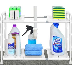 simple houseware under sink 2 tier expandable heavy duty metal shelf organizer rack, white (expand from 15 to 25 inches)