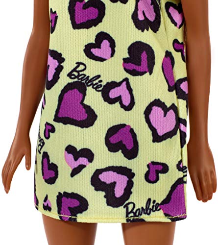 ​Barbie Doll, Brunette, Wearing Yellow and Purple Heart-Print Dress and Platform Sneakers, for 3 to 7 Year Olds