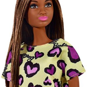 ​Barbie Doll, Brunette, Wearing Yellow and Purple Heart-Print Dress and Platform Sneakers, for 3 to 7 Year Olds