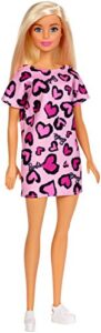 barbie doll, blonde, wearing pink heart-print dress and platform sneakers, for 3 to 7 year olds