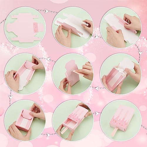 PH PandaHall Paper Ice Cream Shape Gift Boxes, 20 pcs 3.6x2 Inch Popsicle Mini Cartoon Candy Folding Paper Box Party Favor Candy Box for Halloween Birthday Wedding, Pink