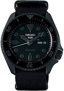 seiko srpd79 watch for men - 5 sports - automatic with manual winding movement, black dial with black bezel, black ion stainless steel case, black nylon strap, and day/date display