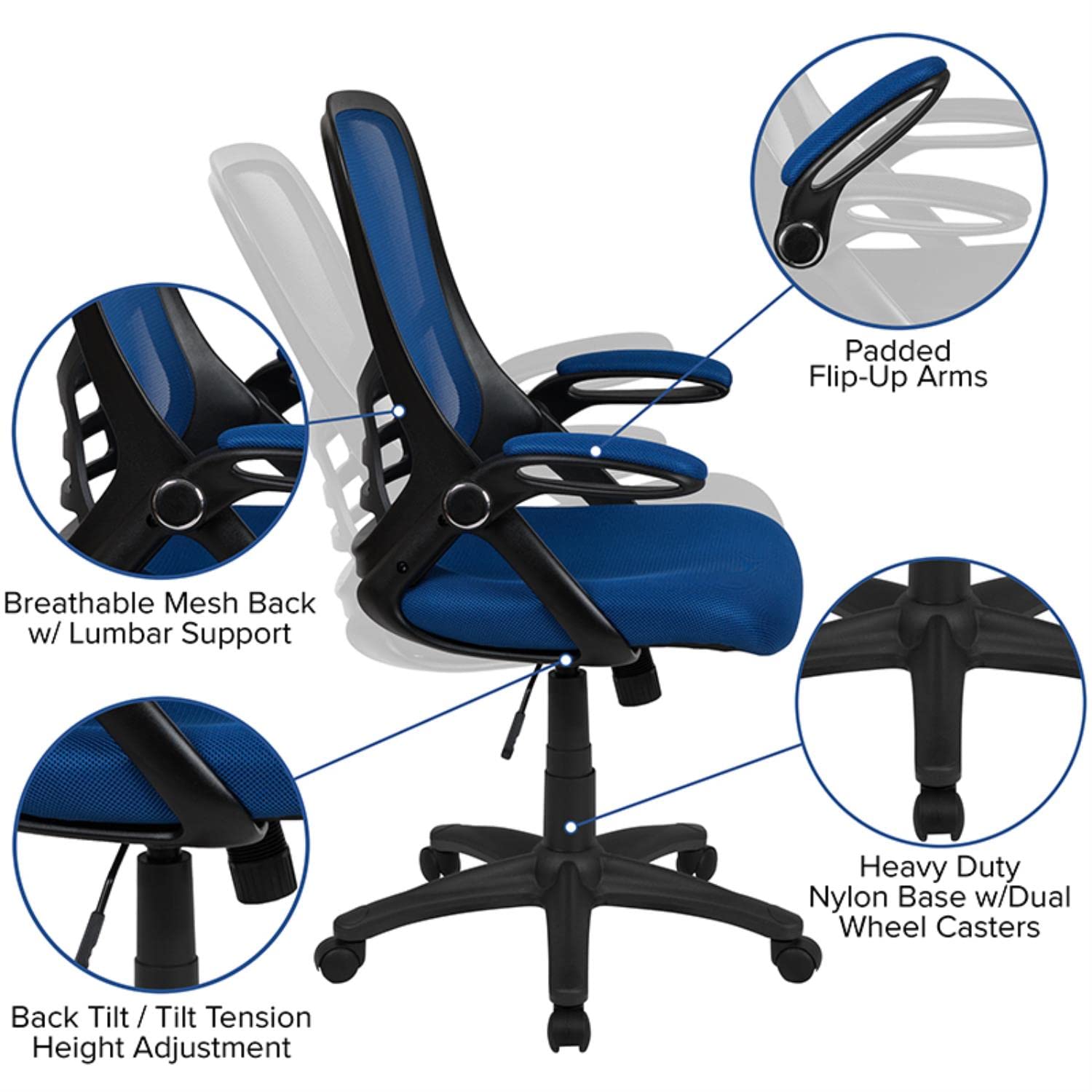 Flash Furniture Porter High Back Mesh Ergonomic Swivel Office Chair with Lumbar Support, Flip-Up Arms, Tilt Lock/Tilt Tension, Height Adjustable, Blue/Black Frame