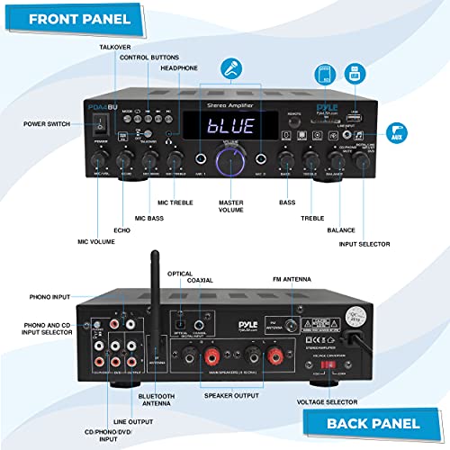 Pyle Wireless Bluetooth Home Stereo Amplifier-Multi-Channel 200W Power Amplifier Home Audio Receiver System w/Optical/Phono/Coaxial,FM Radio,USB/SD,AUX,RCA,Mic in-Antenna,Remote-Pyle PDA4BU