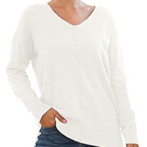 Jouica Women's Casual V Neck Long Sleeve Knit Top Loose Pullover Sweater,Beige White,Large