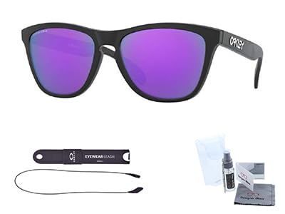 Oakley Frogskins OO9013H6 55M Matte Black/Prizm Violet Sunglasses For Men+BUNDLE Accessory Leash Kit+ BUNDLE with Designer iWear Care Kit