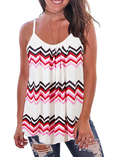 Kaei&Shi Print Long Vest,Flowy Tank Top for Women,Pleated Dressy Loose Cami,Swing Spaghetti Strap Camisole 2X 2XL Plus Size Zigzag White XX-Large