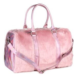 risup extra large laser handbag purse fancy duffel bag 19in faux fur bags for travel and overnight, pink