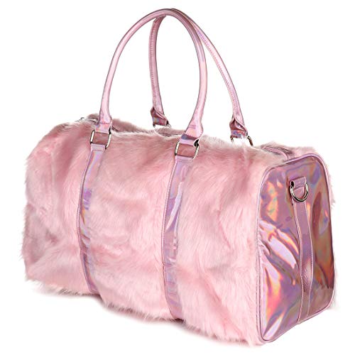 Risup Extra Large Laser Handbag Purse Fancy Duffel Bag 19in Faux Fur Bags for Travel and Overnight, Pink