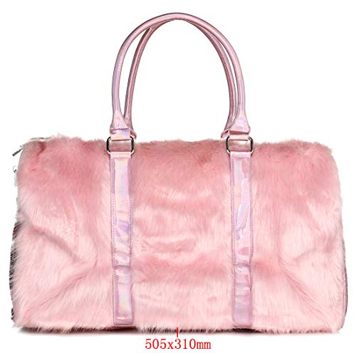 Risup Extra Large Laser Handbag Purse Fancy Duffel Bag 19in Faux Fur Bags for Travel and Overnight, Pink