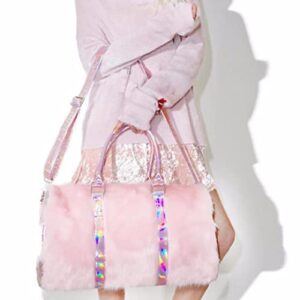 Risup Extra Large Laser Handbag Purse Fancy Duffel Bag 19in Faux Fur Bags for Travel and Overnight, Pink