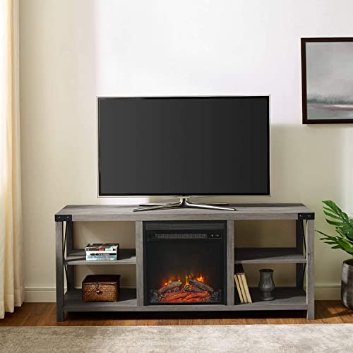 Walker Edison Faye Modern Farmhouse Metal X Fireplace TV Stand for TVs up to 65 Inches, 60 Inch, Grey