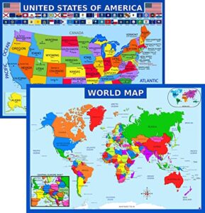 world map poster and usa map with extra features - laminated educational poster (14x19.5 in) – maps for kids, classroom decorations, preschool and elementary learning, teacher supplies