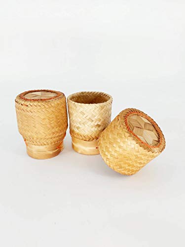 2 Sets of Mini Basket Size 8x8x11 cm. Handwoven Handmade Sticky Rice Serving Basket from Natural Bamboo