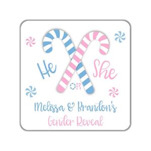 candy cane gender reveal stickers, personalized party favor labels, christmas themed baby shower, choice of pack size
