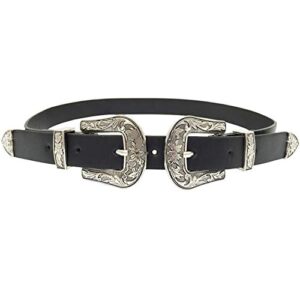 alaix women's belt western vintage style genuine leather belt two buckles waist belts for jeans dress pants silver