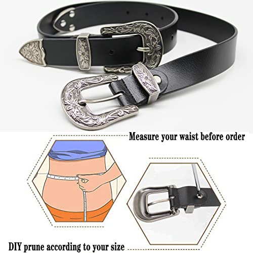 ALAIX Women's Belt Western Vintage Style Genuine Leather Belt Two Buckles Waist Belts for Jeans Dress Pants Silver