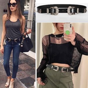 ALAIX Women's Belt Western Vintage Style Genuine Leather Belt Two Buckles Waist Belts for Jeans Dress Pants Silver