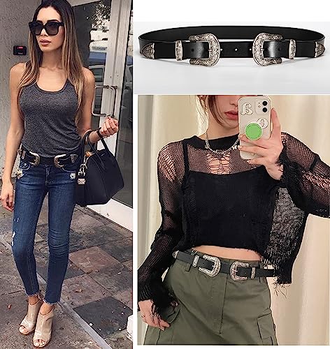 ALAIX Women's Belt Western Vintage Style Genuine Leather Belt Two Buckles Waist Belts for Jeans Dress Pants Silver