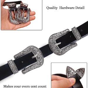 ALAIX Women's Belt Western Vintage Style Genuine Leather Belt Two Buckles Waist Belts for Jeans Dress Pants Silver