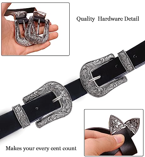 ALAIX Women's Belt Western Vintage Style Genuine Leather Belt Two Buckles Waist Belts for Jeans Dress Pants Silver