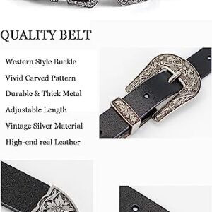 ALAIX Women's Belt Western Vintage Style Genuine Leather Belt Two Buckles Waist Belts for Jeans Dress Pants Silver