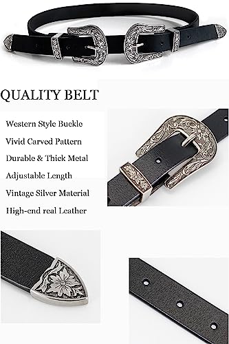 ALAIX Women's Belt Western Vintage Style Genuine Leather Belt Two Buckles Waist Belts for Jeans Dress Pants Silver