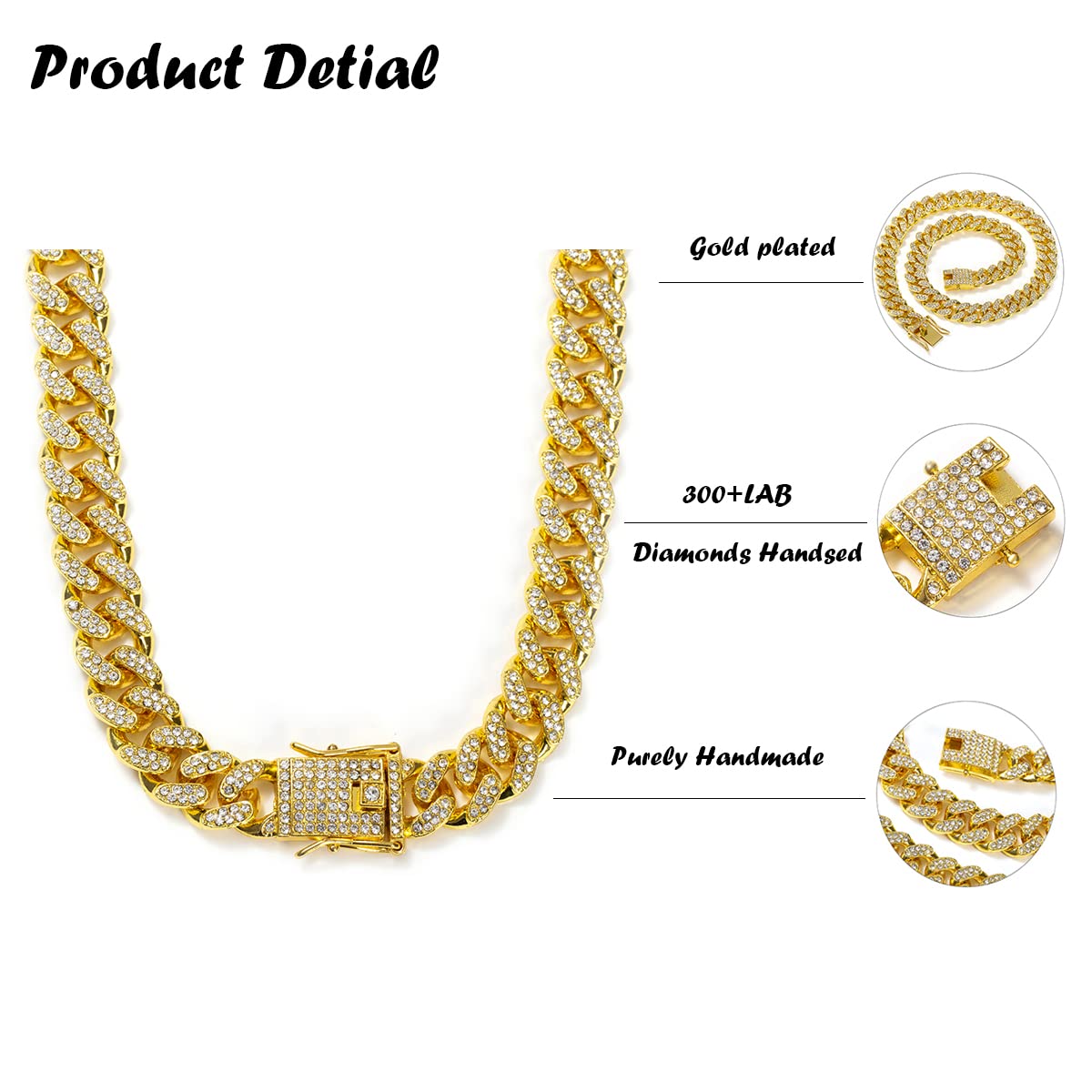 HUITIAN Women Mens Cuban Link Chain Gold Silver Bling Miami Cuban Necklace Diamond Chain for Men Iced-Out Hip Hop Jewelry