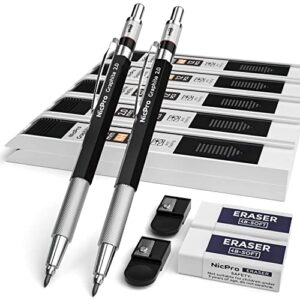 nicpro 2mm metal mechanical pencil set, 2pcs lead holder 2.0 mm marker artist carpenter pencils with 120 graphite lead refill (hb 2h 4h 2b 4b & color), 2 eraser for drafting, drawing writing sketching