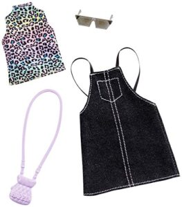 barbie clothes black denim jumper and animal print top, plus 2 accessories dolls, gift for 3 to 7 year olds