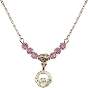 bonyak jewelry 18 inch hamilton gold plated necklace w/ 4mm rose pink october birth month stone beads and claddagh