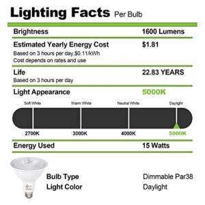 hykolity Outdoor Led Flood Light, Waterproof PAR38 LED Bulb, Dimmable, 15W=150W, 5000K Daylight, 1600lm, E26 Base, UL Listed (6 Pack)