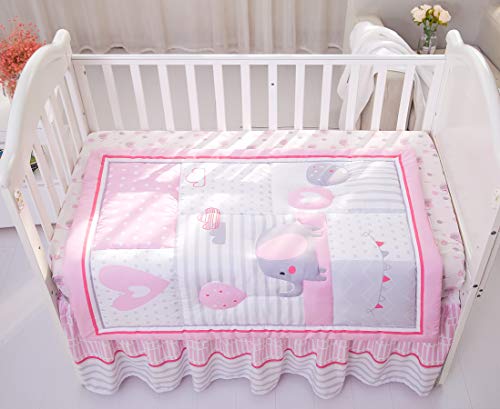 La Premura Baby Elephant Nursery Crib Bedding Set for Girls – Pink Elephant & Love Balloons 3-Piece Standard Size Crib Set, Pink & Gray